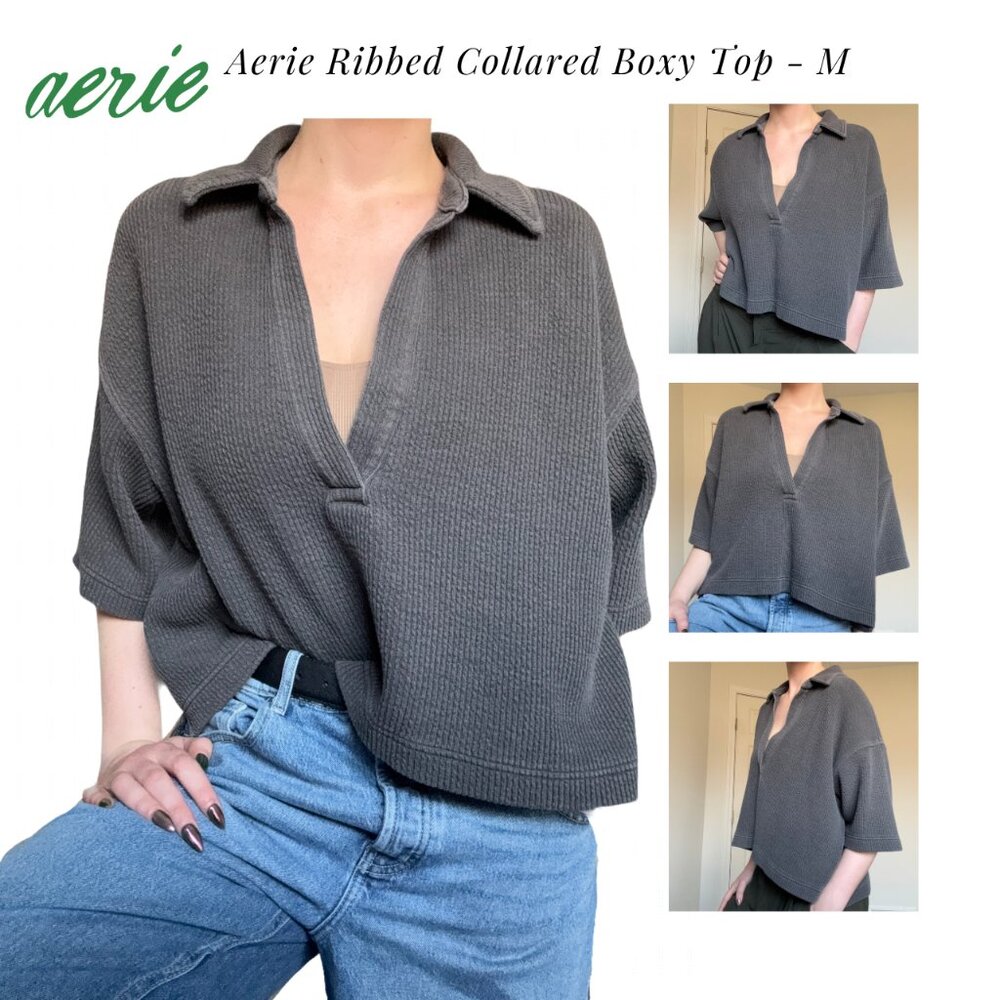 Aerie Ribbed Collared V-Neck Top - Boxy Cropped Lounge Shirt Gray - M